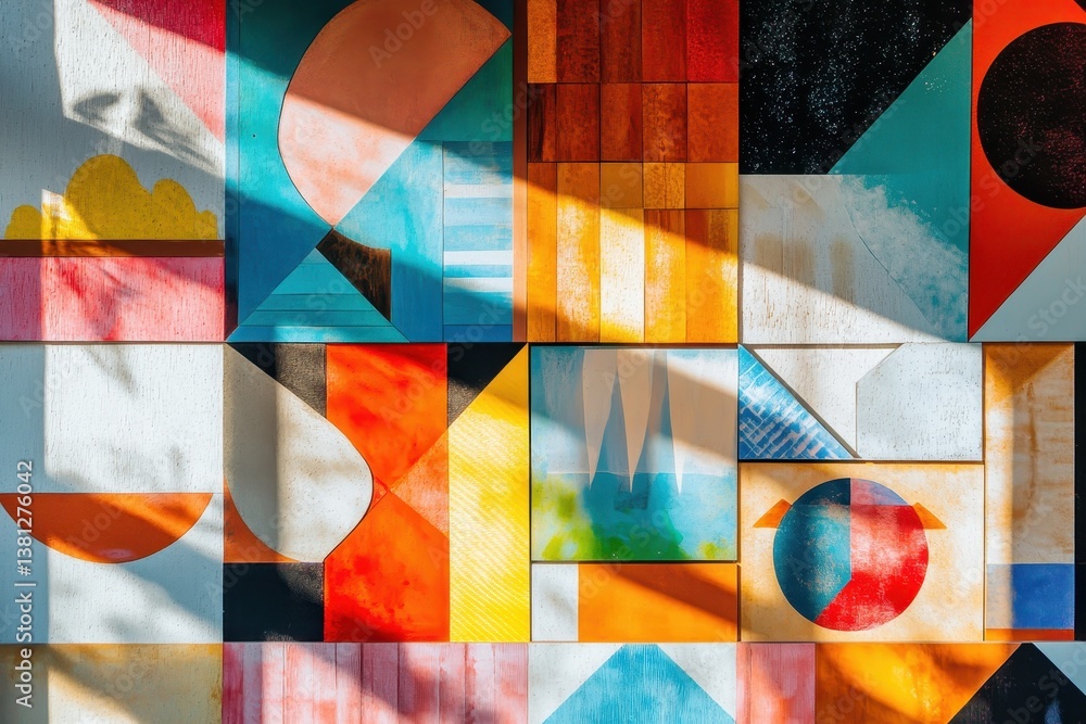 Poster colorful geometric shapes and patterns form abstract art on a wall incorporating geometric shapes an