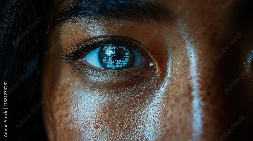 Poster digital eye: a close-up of a person's eye with binary code reflected