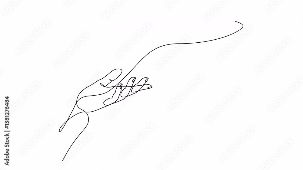 Poster self drawing animation of hand holding empty plate drawn by continuous one line. single line animate