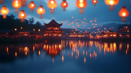 Obraz premium A historical Chinese bridge illuminated by red lanterns and golden streamers under the setting sun
