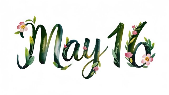 May 16 date watercolor painting with floral elements isolated on a white background for spring-themed designs, invitations, and calendar date highlights