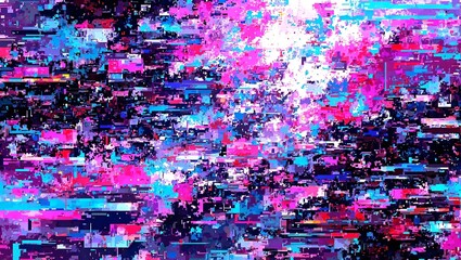 Dazzling glitch art with layers of corrupted data blurred lines and vibrant hues of purple blue and pink A futuristic and abstract tapestry