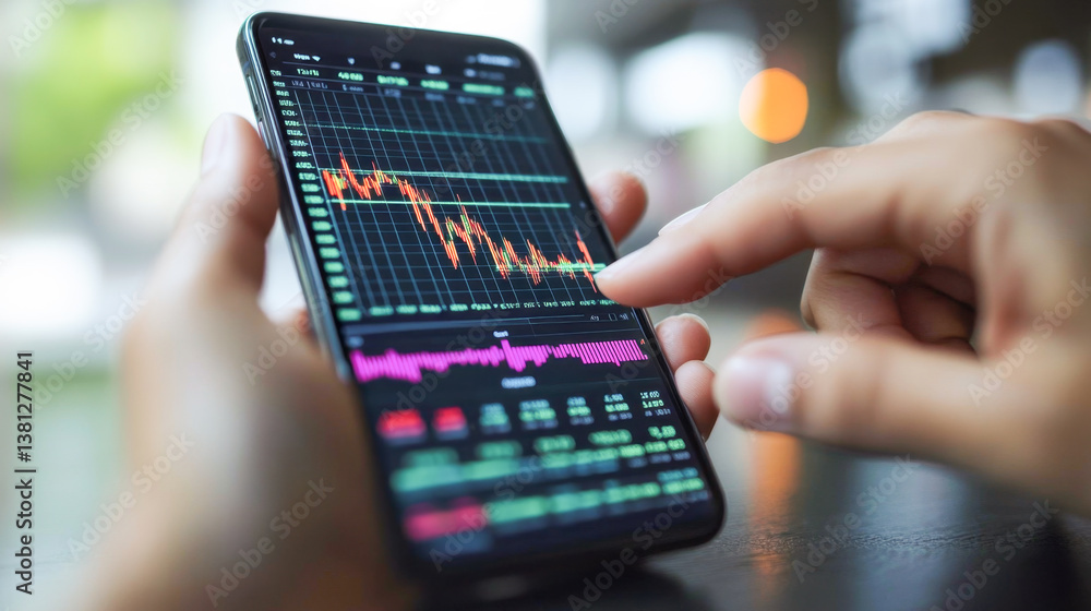 Fototapete A person is using a smartphone to verify a banking transaction. The screen displays a detailed financial statement with graphs and charts. The setting suggests a focus on secure banking activities.