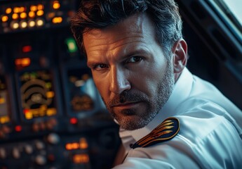 Pilot in a white shirt and tie inside a dimly lit cockpit, surrounded by illuminated control panels and aircraft instruments, professional aviation atmosphere.