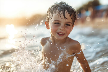 Obraz premium Young boy splashes water on his face, eyes closed in delight, water droplets glistening in the sunlight, surrounded by a lush green garden.