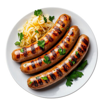 Grilled bratwurst sausages with sauerkraut and fresh parsley on white plate. Oktoberfest concept. Clipart for menu, banner, poster. Top view isolated on transparent background.   