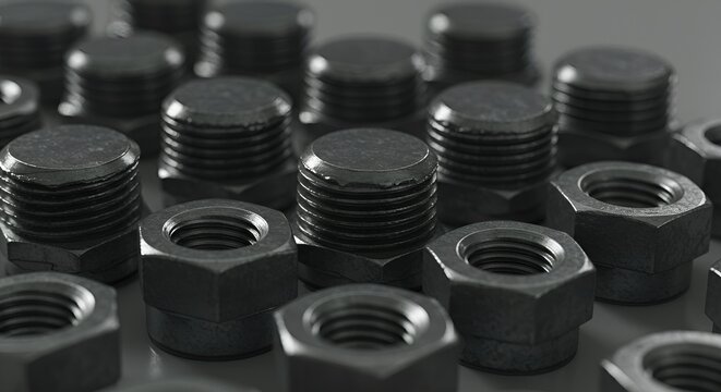 Ultra-HD macro shot of threaded bolts and nuts, emphasizing metallic textures, precise machining