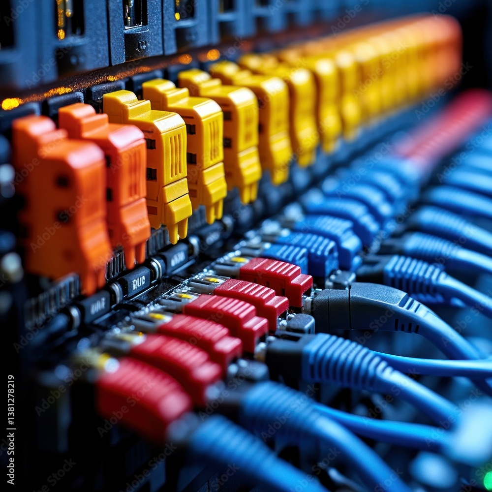 Poster network server connections: a close-up of colorful cables and connectors in a data center