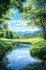 Fototapeta premium Serene Riverside Melodies with Snowcapped Mountains and Gentle Breezes