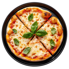Margherita pizza with mozzarella cheese and basil leaves on black plate. Italian cuisine concept. Clipart for menu, banner, poster. Top view isolated on transparent background.   