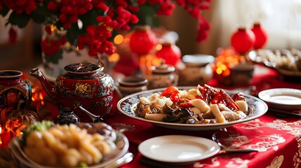 A festive Chinese bridge decorated with glowing red lanterns and golden streamers creating an enchanting scene