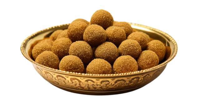 A golden bowl filled with many round laddu sweets stacked high in a decorative bowl on  on transparent background png
