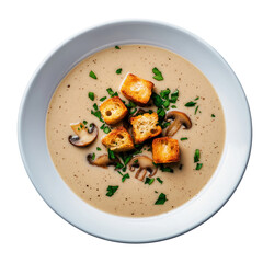 Creamy mushroom soup with toasted bread croutons in white bowl. Сomfort food concept. Clipart for menu, banner, poster. Top view isolated on transparent background.  