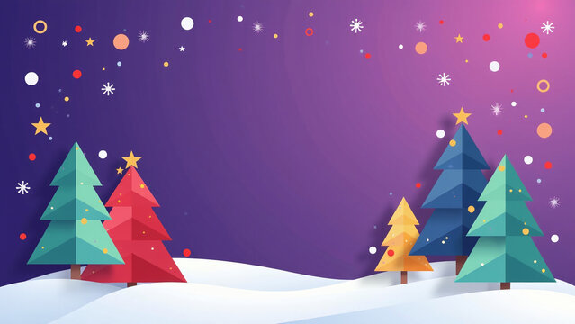 violet background features modern geometric xmas design triangle pattern festive elements like christmas trees