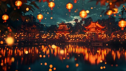 A tranquil view of an ancient Chinese bridge illuminated by red lanterns and flowing gold streamers