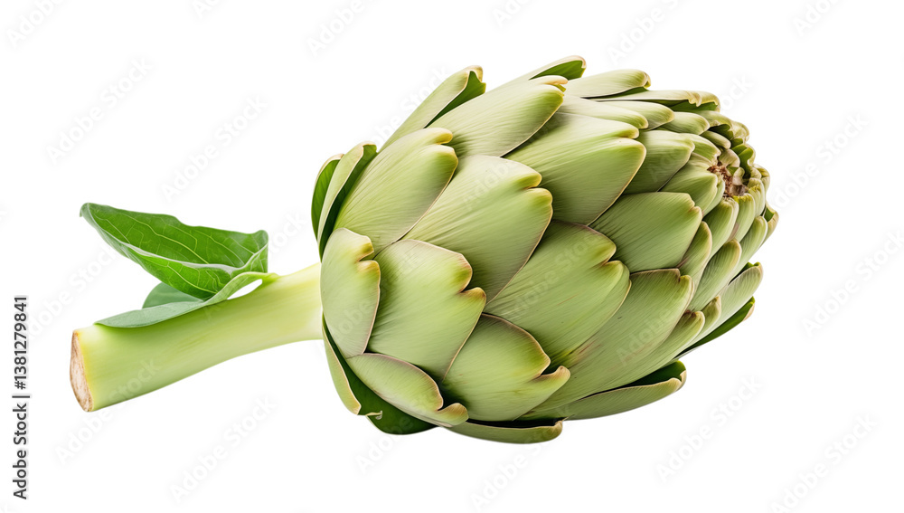 Poster a single artichoke with leaves and stem lying on a in a studio shot close up view on transparent bac