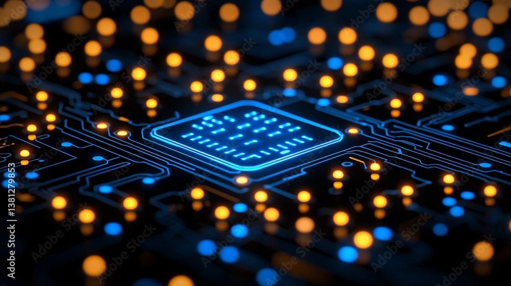 Poster glowing circuit board processor chip technology image