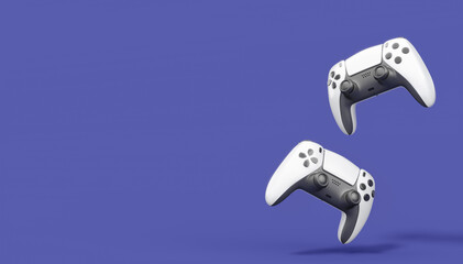 Realistic white video game joysticks or gamepads on violet background © Vasyl Onyskiv