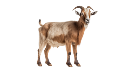 A standing goat with brown and white fur, short horns, on a , facing the camera on transparent background png