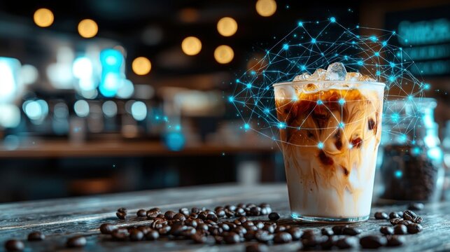 Iced coffee drink with digital overlay in a cafe - Powered by Adobe