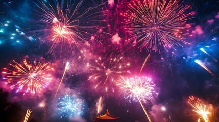 A traditional lion dance costume in bright colors set against a red festive background for a cultural celebration