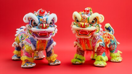 A traditional lion dance costume in bright colors set against a red festive background for a cultural celebration