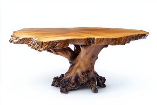 Wooden coffee table with a unique, natural, tree stump base.  A  smooth, light-brown slab top rests atop intricate root-like supports