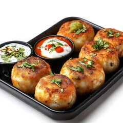 A Tray of Aloo Tikki Topped with Yogurt and Chutney Crispy Snack.