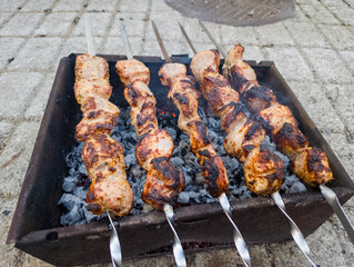 A grill with skewers of meat on top of a grill on the ground