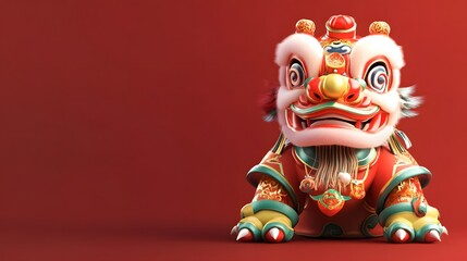 Fototapeta premium A traditional lion dance costume with colorful details set against a rich red background for a cultural festival