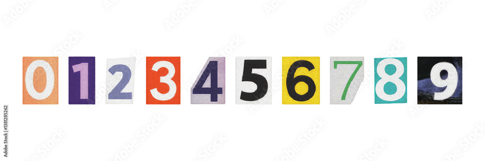 Poster set of cut-out ransom numbers from magazines, isolated digits in retro y2k style on a transparent ba