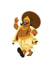 Mahabali Onam Festival Vector Illustration &ndash; Indian King Walking with Umbrella in Traditional Kerala Attire