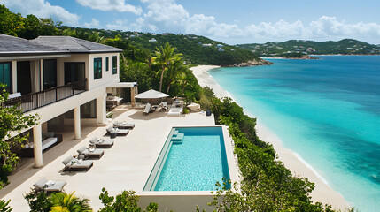 A beautiful beachfront villa with floor-to-ceiling windows, a spacious outdoor lounge, and a private pool overlooking the turquoise waters of the ocean.