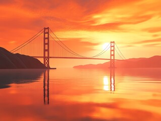 Obraz premium Golden Gate Bridge at Sunset Reflected in Calm Ocean Waters