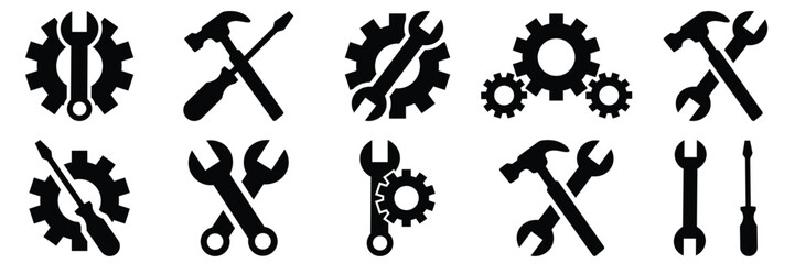  Set of  Tools and Service icons set. Wrench, screwdriver and gear icon. Screwdriver and wrench glyph icon  of vector illustration