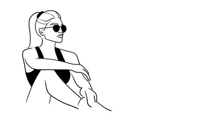 Sport girl with black glasses line art drawing. Girl narcissist, admires himself on white background. Vector illustration