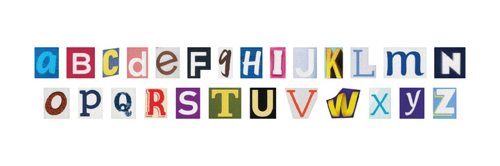 set of cut-outs english alphabet from magazines, isolated letters in retro y2k ransom style on a transparent background © BORT GRAPHIC