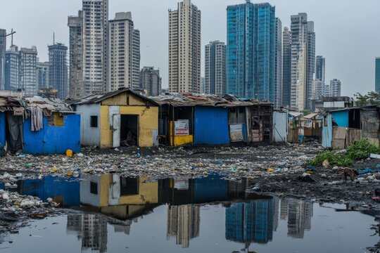 Urban poverty, slum, and reflection.  A squalid settlement amidst modern high-rise buildings
