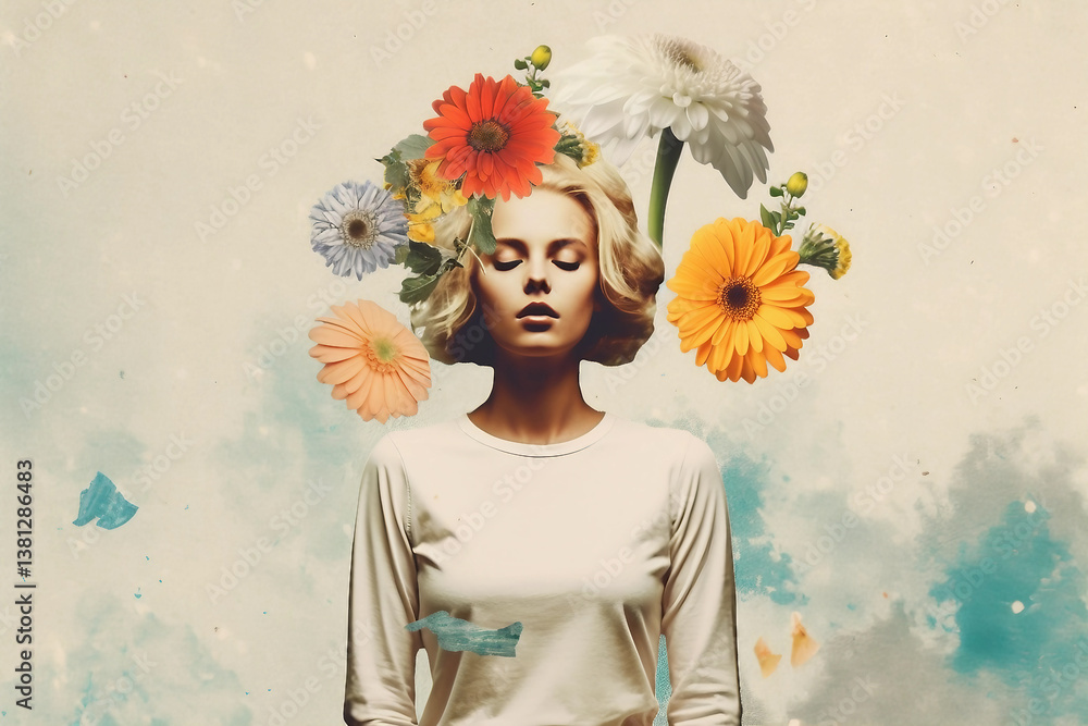Poster generative ai retro style collage art featuring a woman with floral elements in a surreal spring com