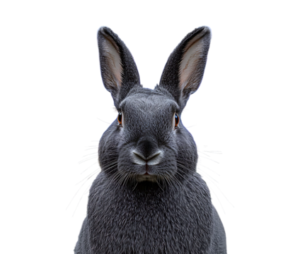 Adorable grey rabbit stares directly at the camera, nestled amongst a vibrant field of yellow and orange tulips.  A captivating spring image, perfect for Easter, pet, or nature themes.