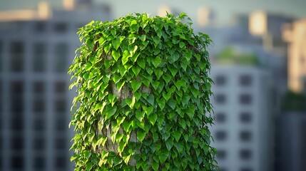Lush green ivy climbing a cylindrical structure amidst a modern cityscape background