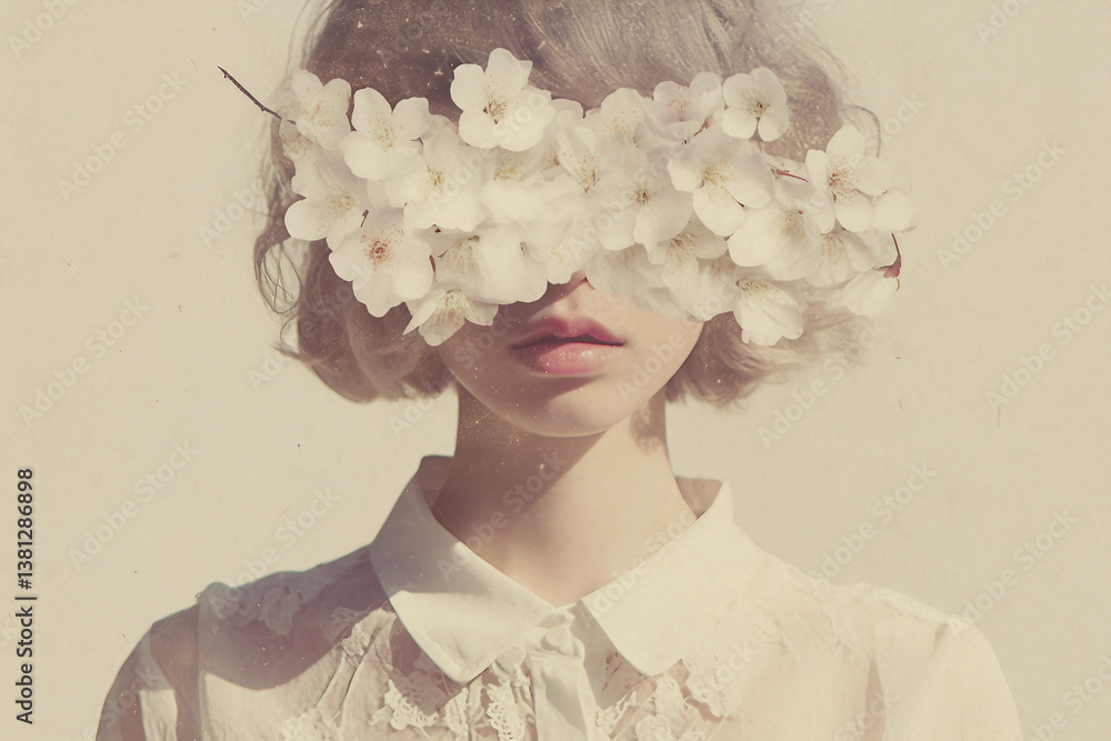 Aufkleber generative ai retro style collage art featuring a woman with floral elements in a surreal spring com