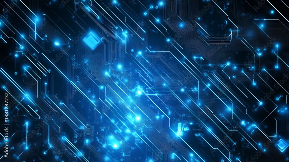 Poster abstract image of glowing blue circuit board lines and connections on a dark background