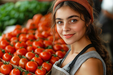 View at young woman buying vegetables at the market. A woman shops in a local outdoor agriculture market with fresh, organic local fruits and vegetables. She smiles as she compares different vegetable