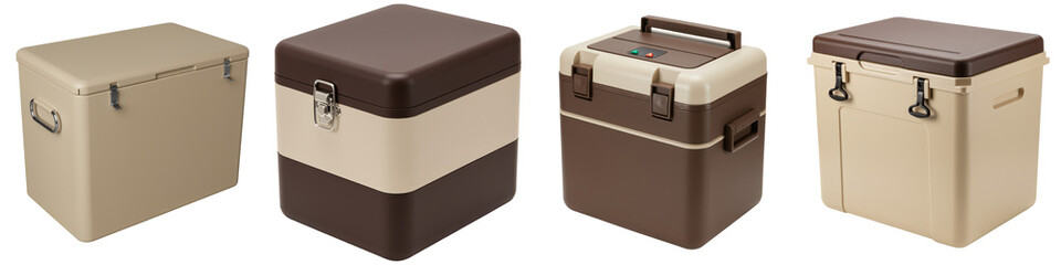 Four beige and brown portable coolers.