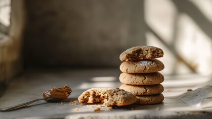Stack of peanut butter cookies with sunlight and spoon on rustic surface
