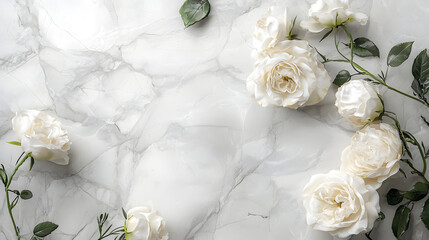 Elegant White Roses on Marble Surface with Green Leaves Decor