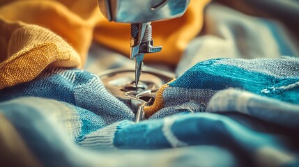 Close-up view of a sewing machine stitching colorful fabrics