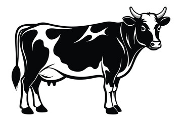 Cow Standing Dairy Animal with Horns, Black and White Markings on White