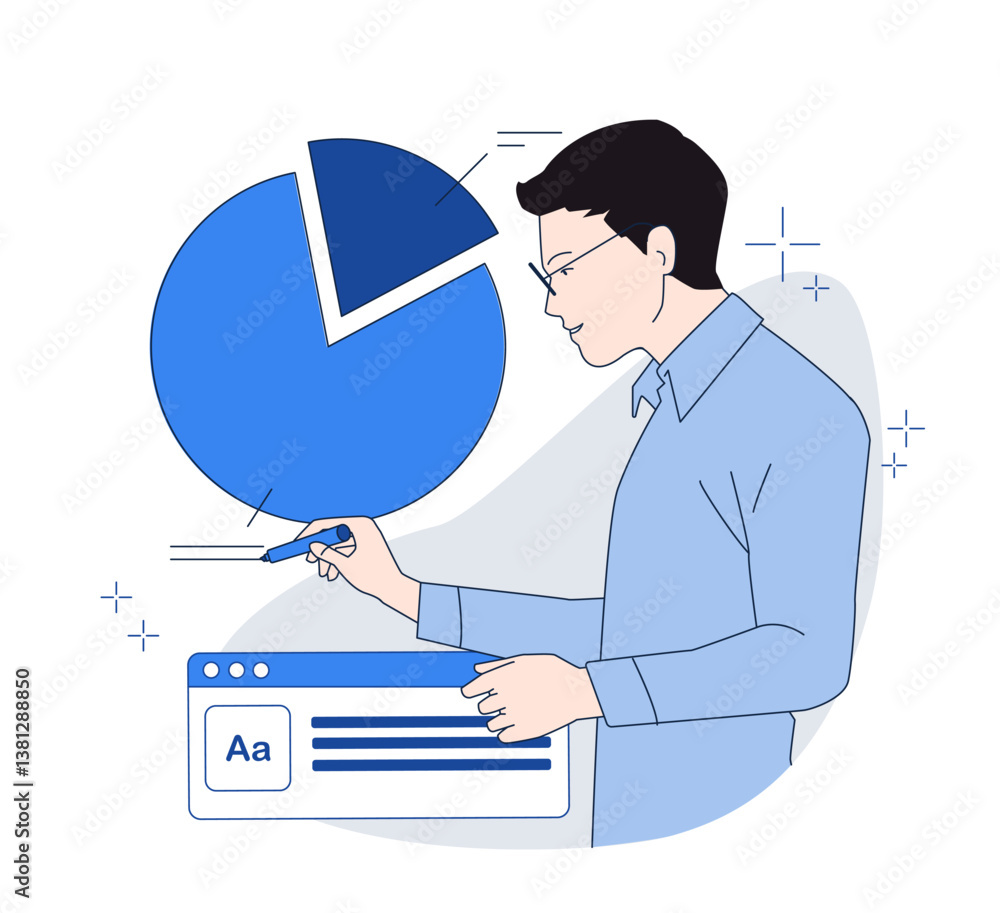 Poster man in minimalist line art style analyzing a pie chart with a stylus, standing next to a web interfa